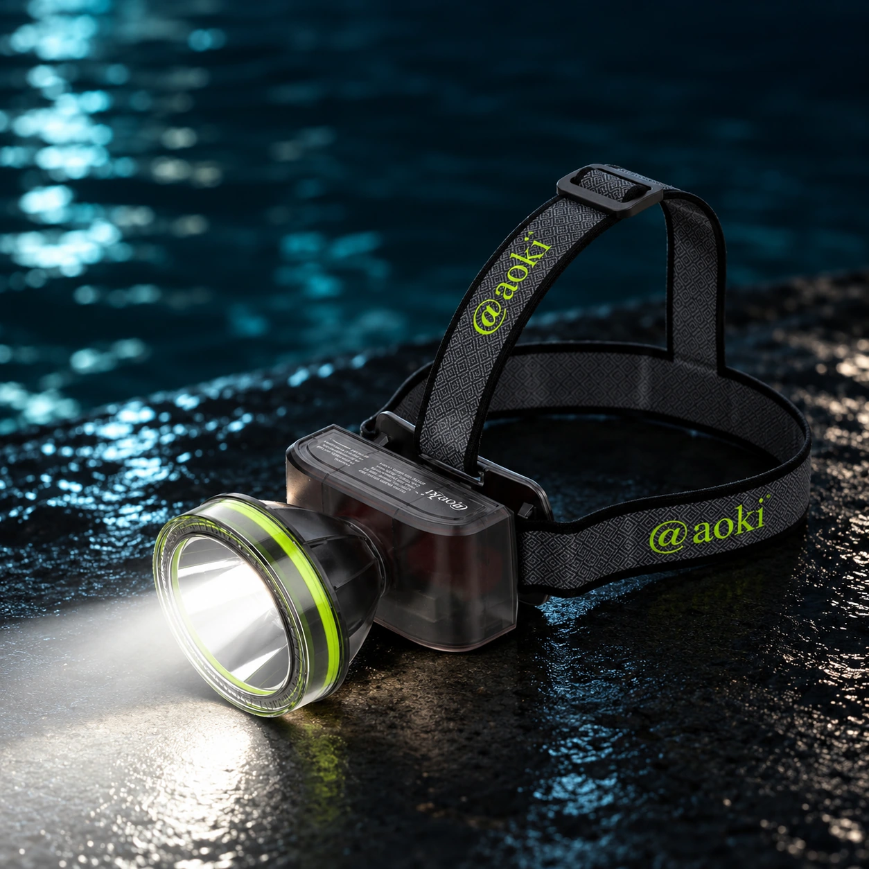 Detail lampu selam AOKI IP68-01A berlatar pantulan air malam, diletakkan kering di atas permukaan air dengan tali kepala terlihat utuh.